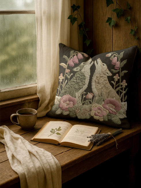 A square woven tapestry pillow with two howling wolves on a black background. The wolves are surrounded by pink and green botanical flowers, creating a vintage, folkloric scene. This decorative cushion is perfect for cottagecore, dark academia, and gothic home decor.